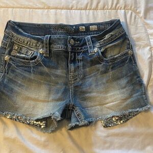 Miss Me Light Blue Denim Sequin Hem Jean Shorts 26 Mid-Rise Easy